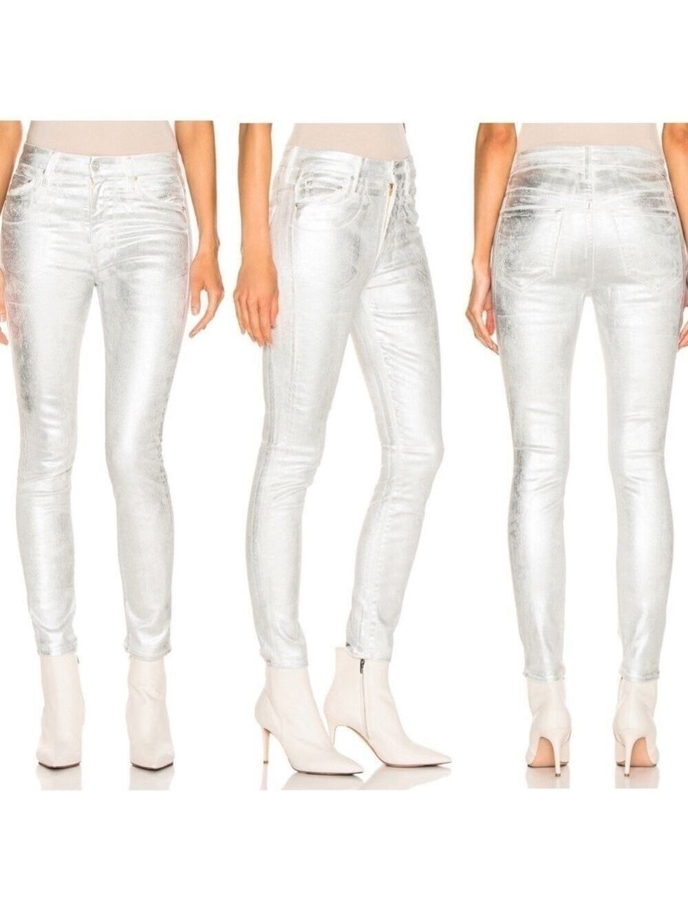 MOTHER High Waisted Looker Ankle in silver linings Sz 27 NWOT metallic foil